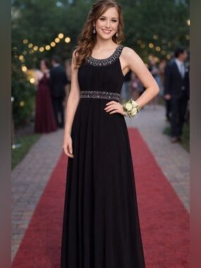 Taboo Black Rhinestone Collar  And Waist Dress Shear Overlay Skirt Prom Gown